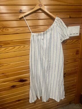 Madewell One-Shoulder Blue & White Striped Midi Dress